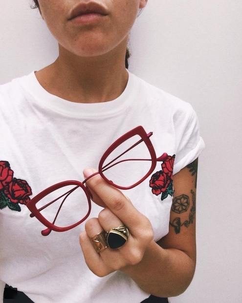 Caroline Abram glasses and sunglasses in the cabinet at Eyeballs Eyewear, Paddington Sydney